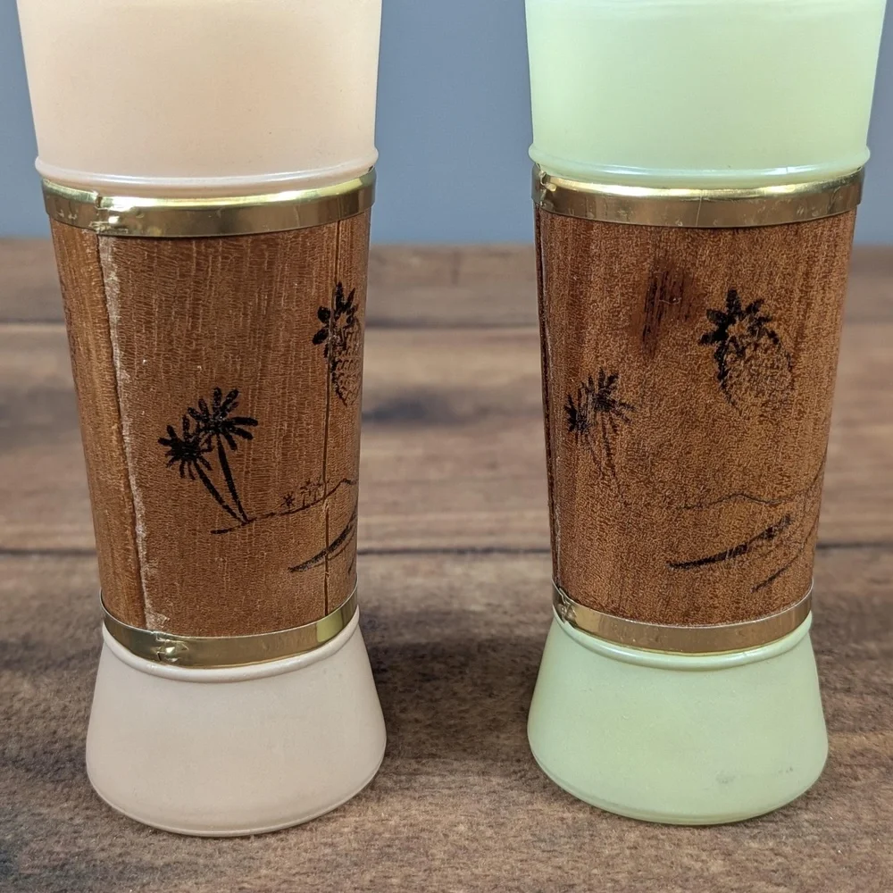 MCM Siesta Ware Drinking Glasses Set Of Four Frosted Glass Wood Accent Gold Trim